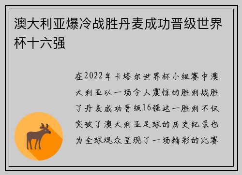 澳大利亚爆冷战胜丹麦成功晋级世界杯十六强 澳大利亚爆冷战胜丹麦成功晋级世界杯十六强